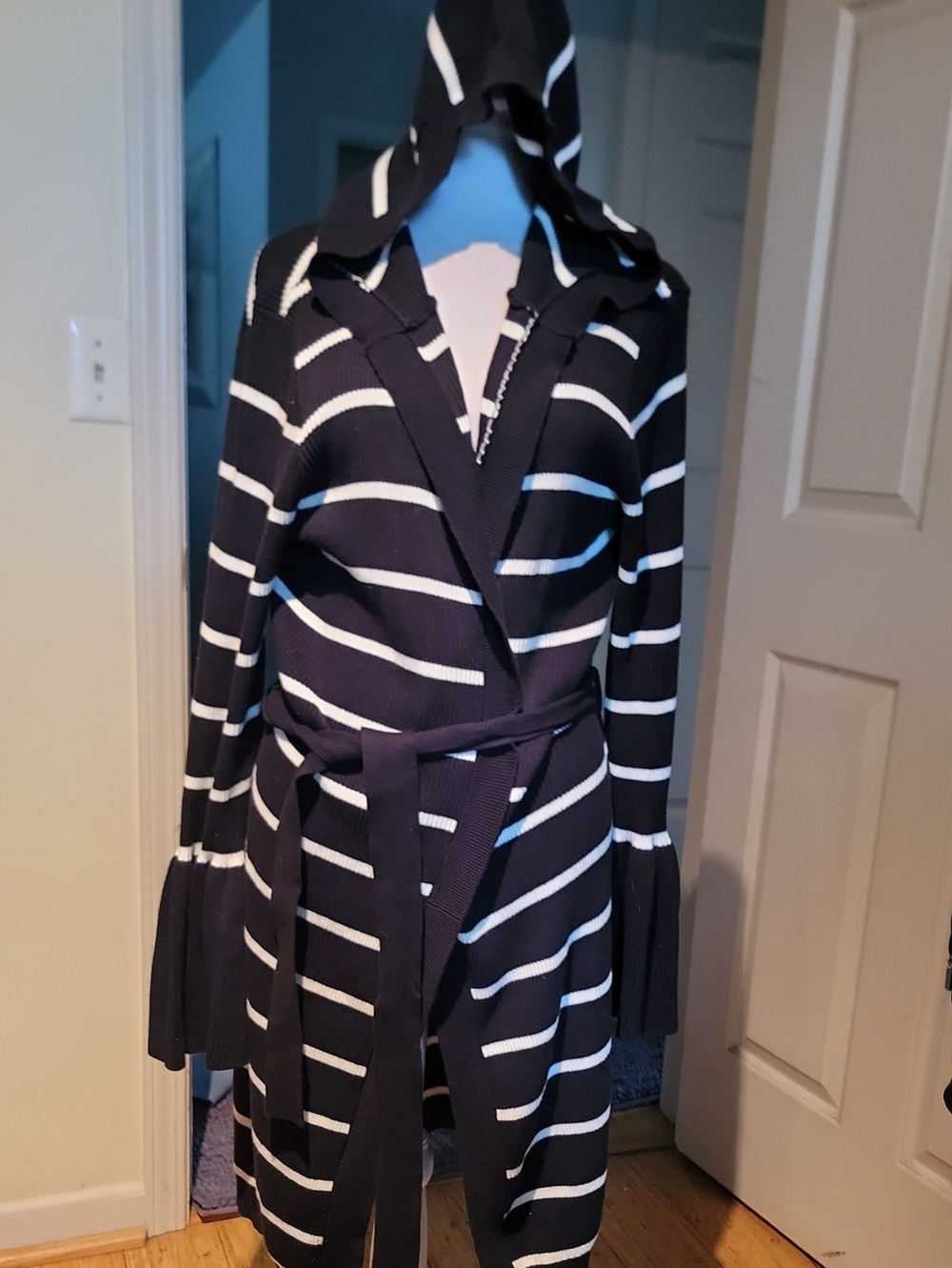 Chaser Striped Hooded Belted Cardigan Jacket - Black & White